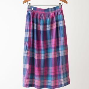 Fritzi of California Midi Skirt Sz 8 plaid Pleated Pockets Pink Blue 100% Cotton